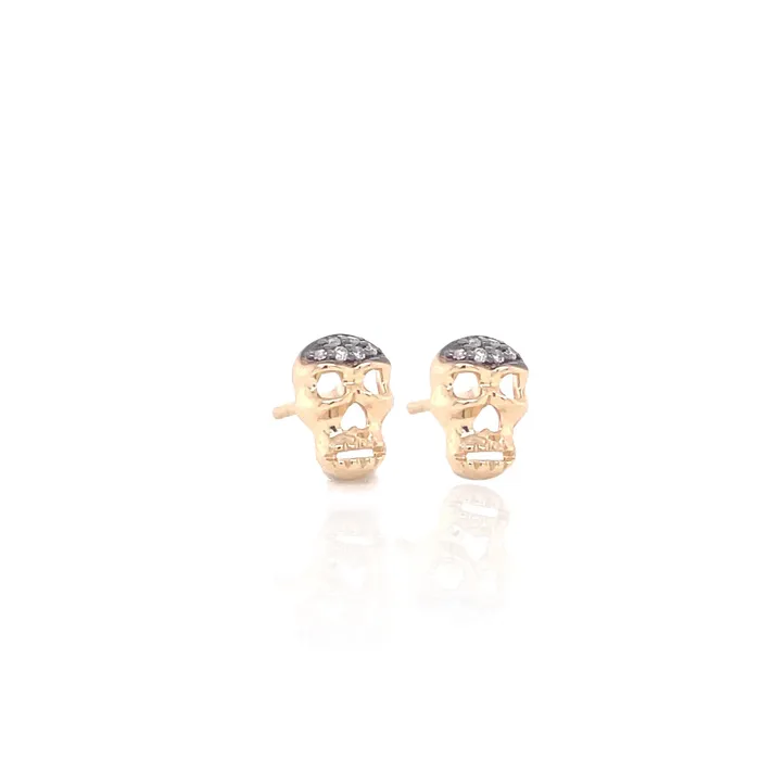 Earrings Petite Skull Post Earrings with White Black Diamonds Yellow Gold Liven Co