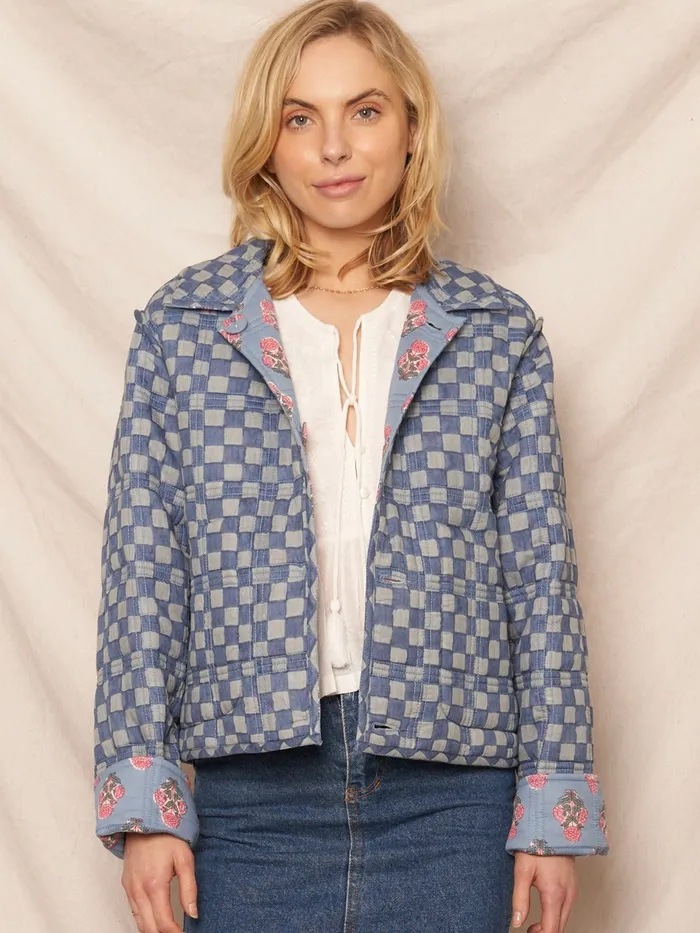 En Creme Reversible Floral Checkered Jacket Rings