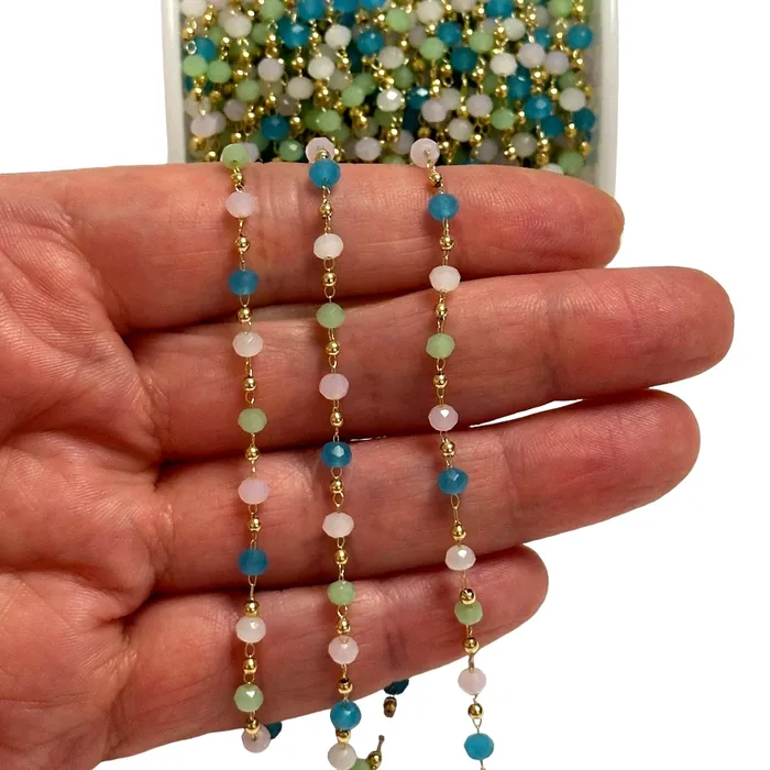 Peppy Beads Rings Multicolor Faceted Round Crystal Rosary Chain 24Kt Gold Plated Rosary Chain