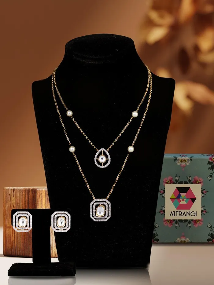 Attrangi Necklaces Sejal Uncut Diamond Layered Pendant Set Polki Set