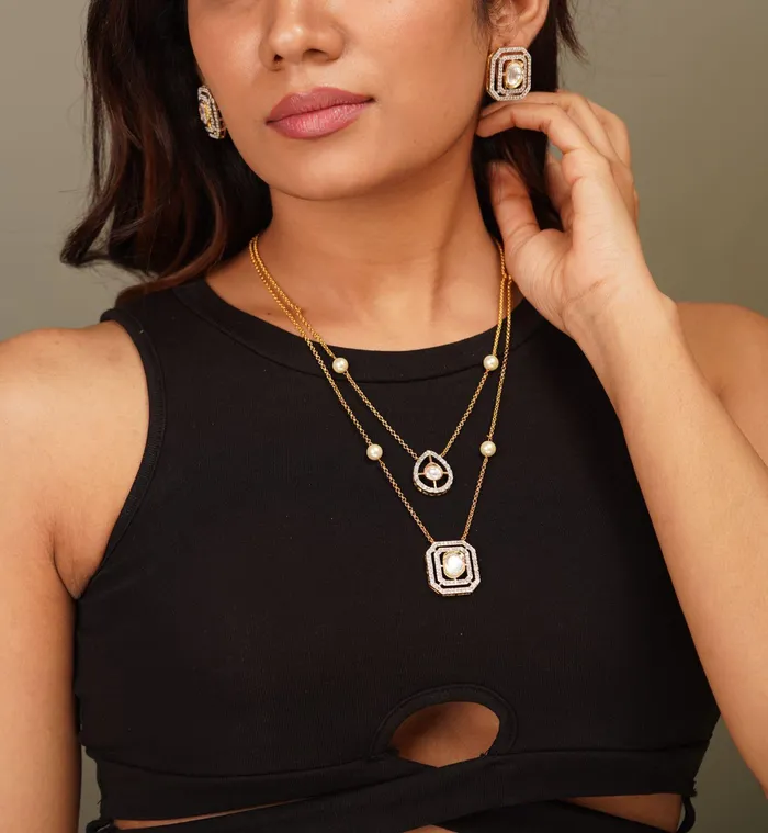 Attrangi Necklaces Sejal Uncut Diamond Layered Pendant Set Polki Set