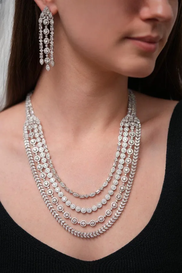 Necklaces Attrangi Layered Goddess 4 Row Diamond Set