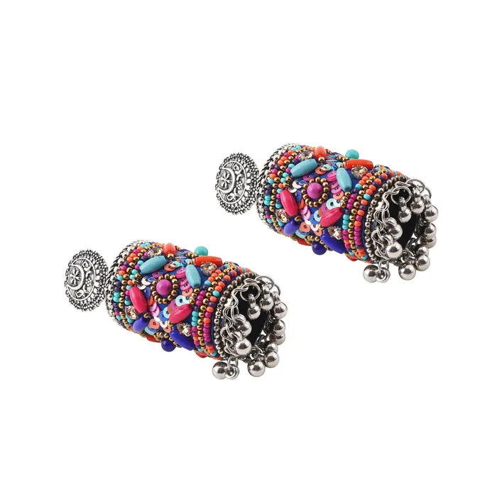 Teejh Ganavi Pink and Orange Stone Silver Oxidised Earring Teejh Earrings Teejh Ganavi Pink and Orange Stone Silver Oxidised Earring Teejh Earrings