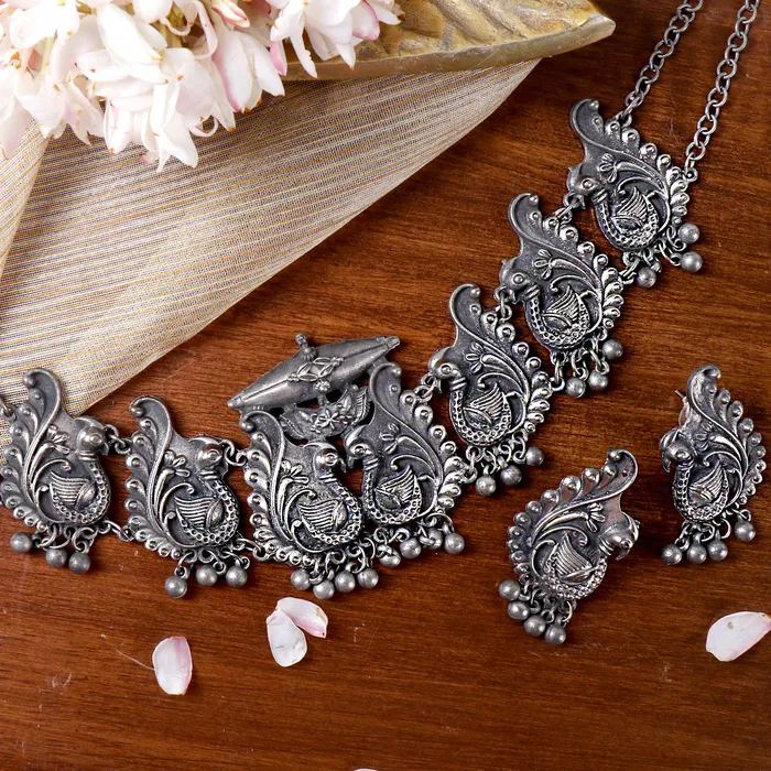 Teejh Suhani Peacock Silver Oxidised Necklace Set Teejh Necklaces