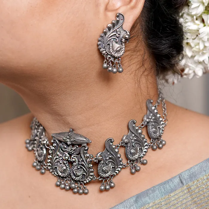 Teejh Suhani Peacock Silver Oxidised Necklace Set Teejh Necklaces Teejh Suhani Peacock Silver Oxidised Necklace Set Teejh Necklaces