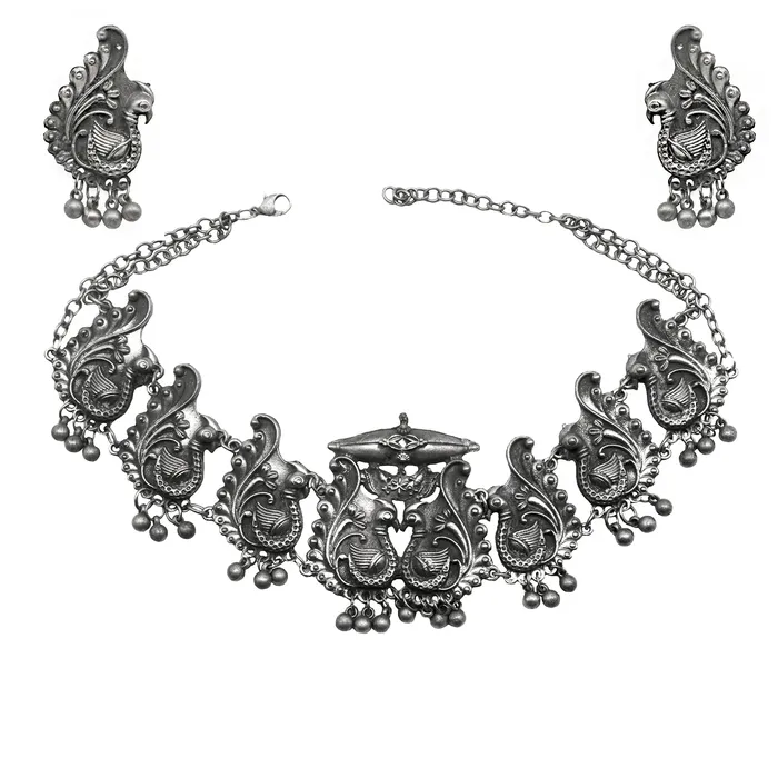 Teejh Suhani Peacock Silver Oxidised Necklace Set Teejh Necklaces Teejh Suhani Peacock Silver Oxidised Necklace Set Teejh Necklaces