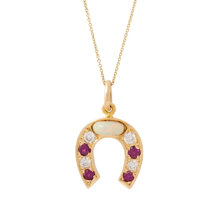 Vintage Opal Diamond Ruby Horseshoe and 14k Gold Necklace Necklaces