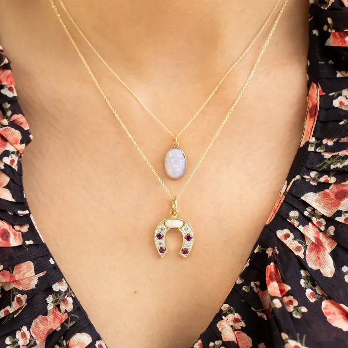 Vintage Opal Diamond Ruby Horseshoe and 14k Gold Necklace Necklaces