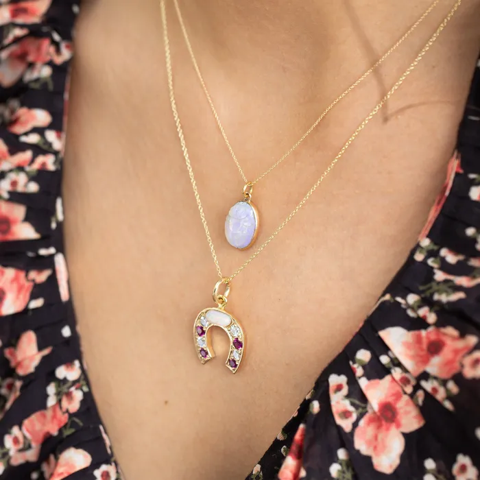 Vintage Opal Diamond Ruby Horseshoe and 14k Gold Necklace Necklaces