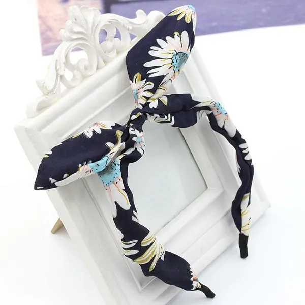 01 Rings H640 Navy Blue Floral Covered Head Band with Bow