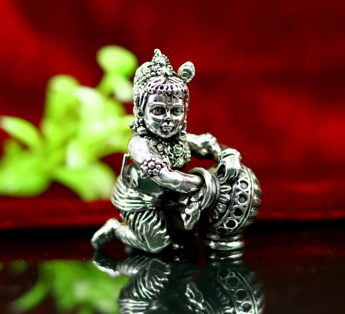 925 Sterling silver customized Idol Krishna Bal Gopal statue figurine Makkhan Gopal sculpture home temple utensil silver article su227 TRIBAL ORNAMENTS Rings