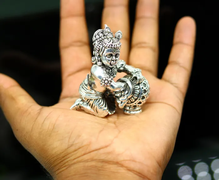 925 Sterling silver customized Idol Krishna Bal Gopal statue figurine Makkhan Gopal sculpture home temple utensil silver article su227 TRIBAL ORNAMENTS Rings