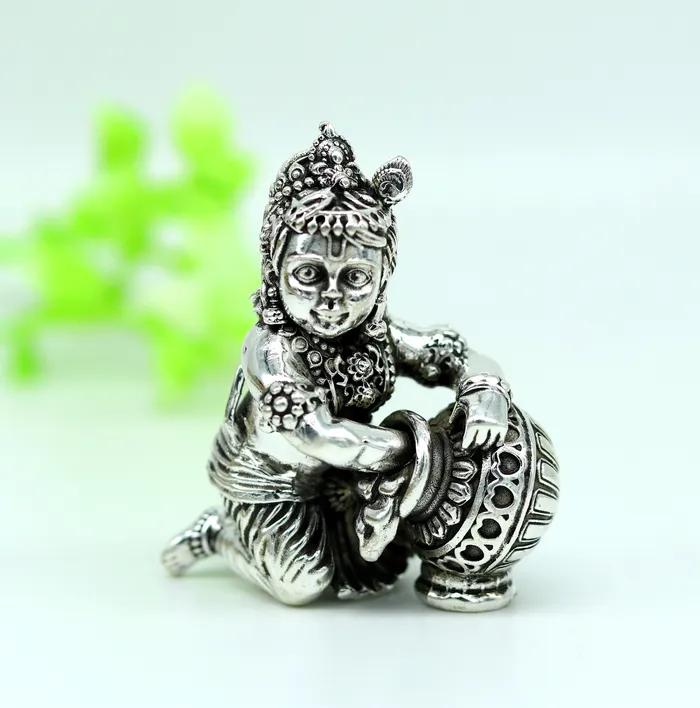 925 Sterling silver customized Idol Krishna Bal Gopal statue figurine Makkhan Gopal sculpture home temple utensil silver article su227 TRIBAL ORNAMENTS Rings