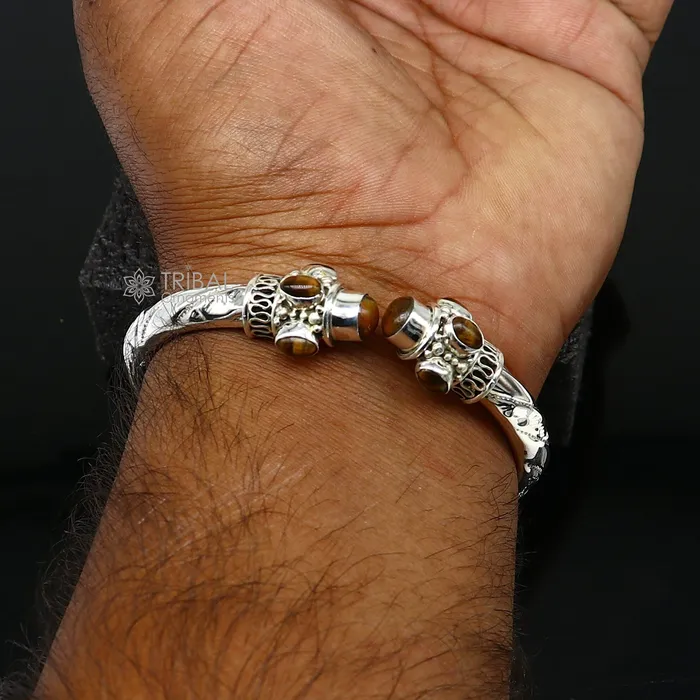 925 sterling silver fabulous tiger eyes stone handmade bangle bracelet kada unisex customized trendy stylish jewelry from india nsk715 TRIBAL ORNAMENTS Bracelets