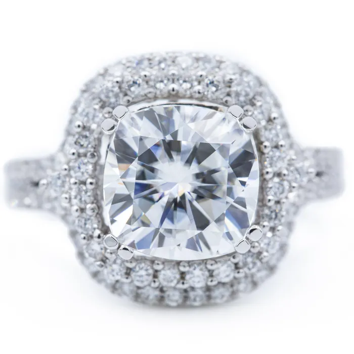 9mm Cushion Center 14K White Gold Double Halo and Diamond Row Ring Fire Brilliance Rings 9mm Cushion Center 14K White Gold Double Halo and Diamond Row Ring Fire Brilliance Rings