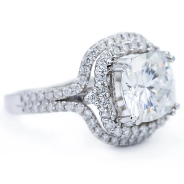9mm Cushion Center 14K White Gold Double Halo and Diamond Row Ring Fire Brilliance Rings