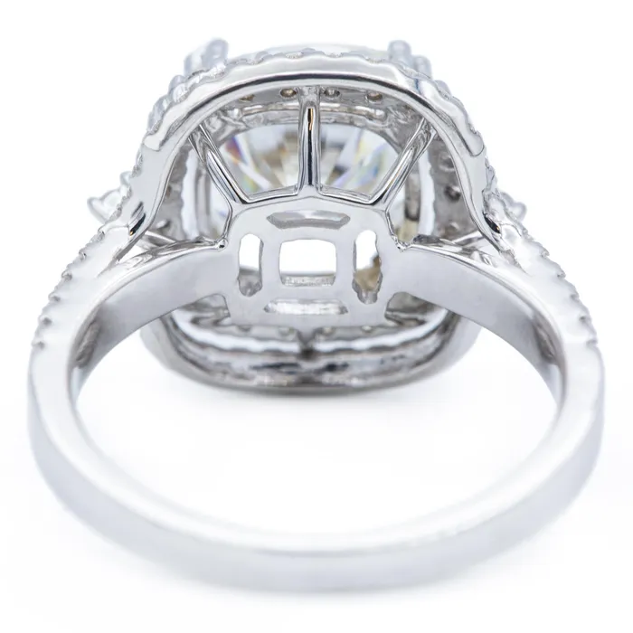 9mm Cushion Center 14K White Gold Double Halo and Diamond Row Ring Fire Brilliance Rings