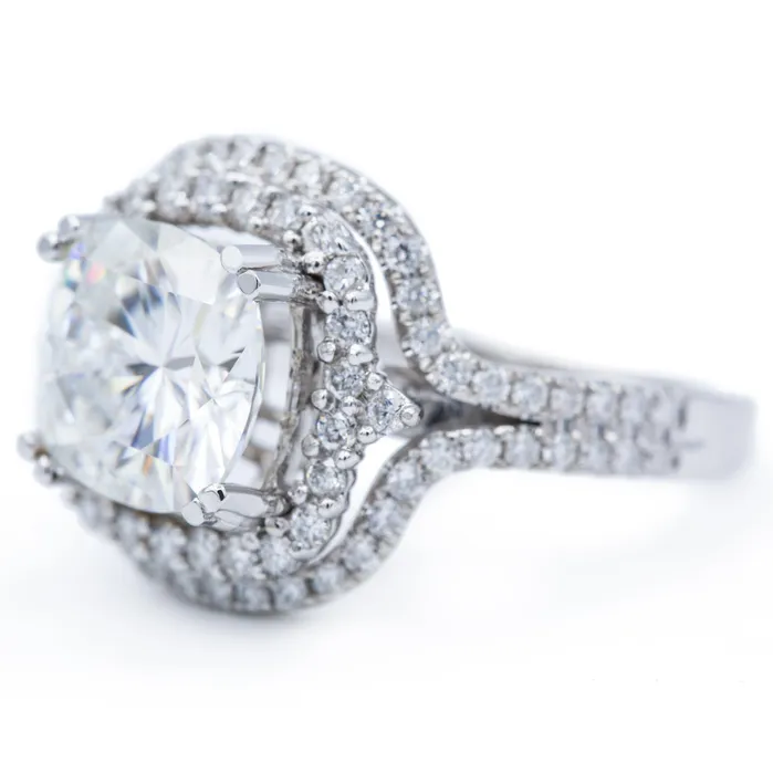 9mm Cushion Center 14K White Gold Double Halo and Diamond Row Ring Fire Brilliance Rings