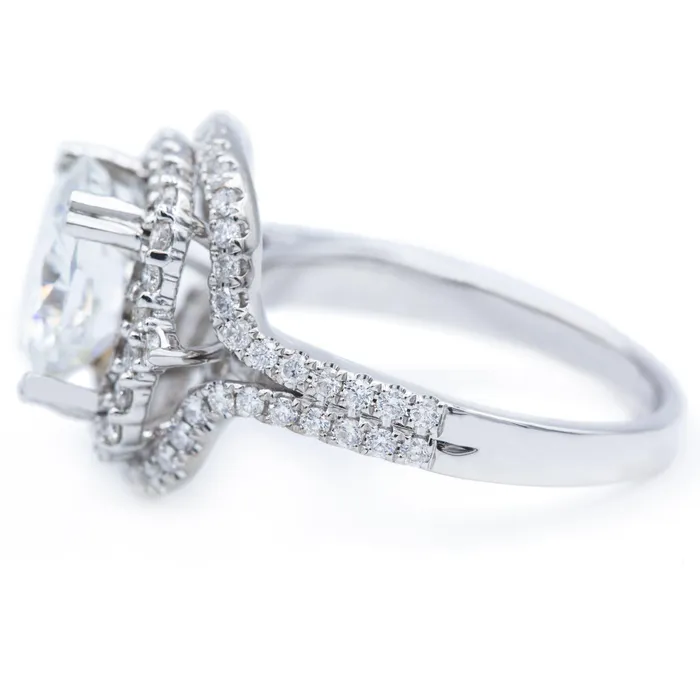 9mm Cushion Center 14K White Gold Double Halo and Diamond Row Ring Fire Brilliance Rings