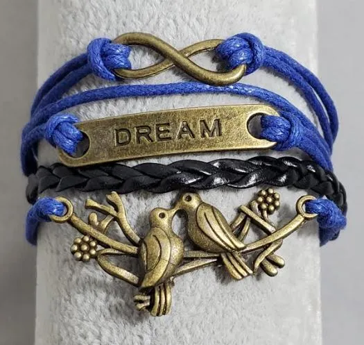 alice Bracelets AZ1378 Blue Black Dream Bird Infinity Layer Leather Bracelet