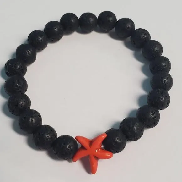 B895 Black Lava Stone Orange Starfish Bead Bracelet polly Bracelets