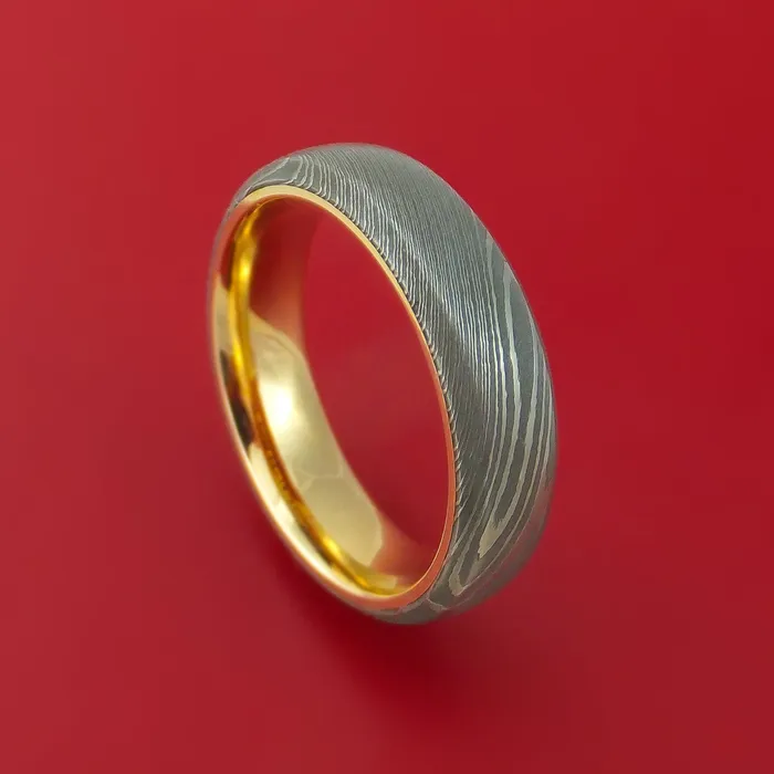 Damascus Steel Ring with 14k Yellow Gold Sleeve Custom Made Band Lashbrook Rings Damascus Steel Ring with 14k Yellow Gold Sleeve Custom Made Band Lashbrook Rings