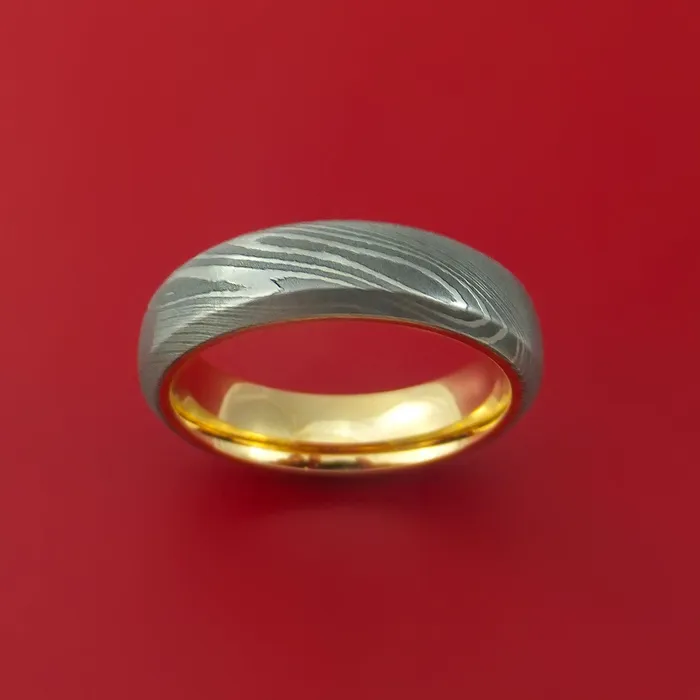 Damascus Steel Ring with 14k Yellow Gold Sleeve Custom Made Band Lashbrook Rings Damascus Steel Ring with 14k Yellow Gold Sleeve Custom Made Band Lashbrook Rings