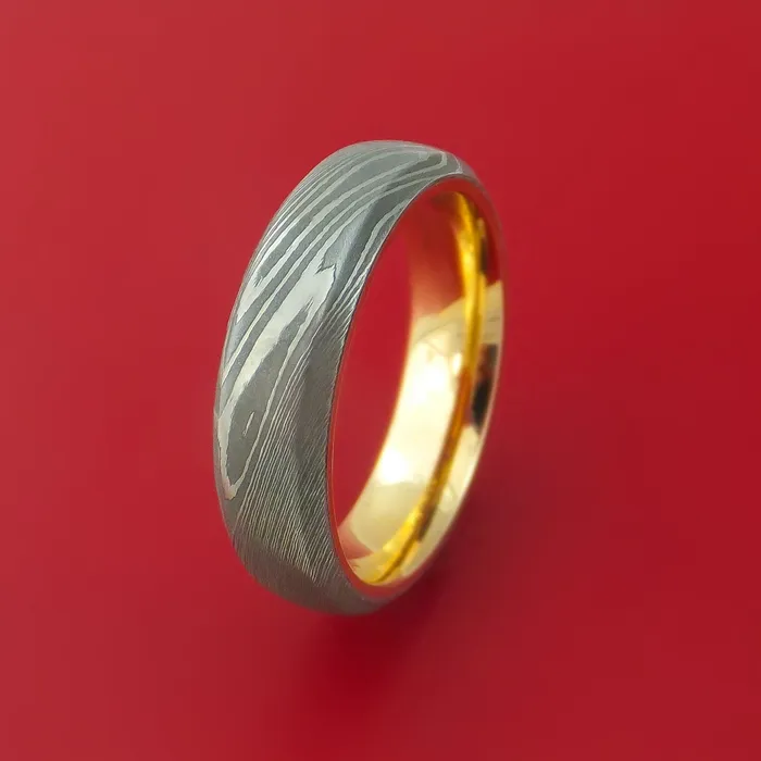 Damascus Steel Ring with 14k Yellow Gold Sleeve Custom Made Band Lashbrook Rings Damascus Steel Ring with 14k Yellow Gold Sleeve Custom Made Band Lashbrook Rings