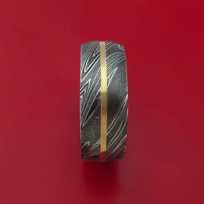 Kuro Damascus Steel Ring with 14k Yellow Gold Inlay and Interior Hardwood Sleeve Custom Made Band Lashbrook Rings Kuro Damascus Steel Ring with 14k Yellow Gold Inlay and Interior Hardwood Sleeve Custom Made Band Lashbrook Rings