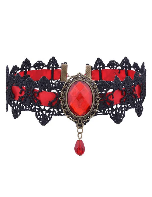 Necklaces N680 Red Gem Lace Choker Necklace with FREE Earrings 02