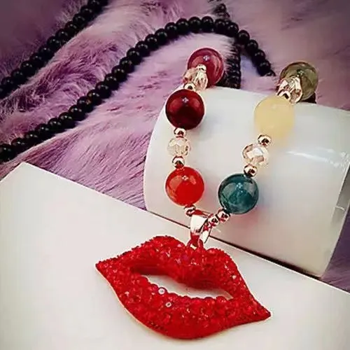 polly Necklaces N2168 Multi Color Bead Red Rhinestone Lips Necklace with Free Earrings