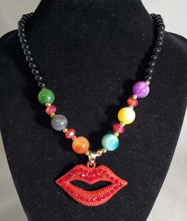 polly Necklaces N2168 Multi Color Bead Red Rhinestone Lips Necklace with Free Earrings