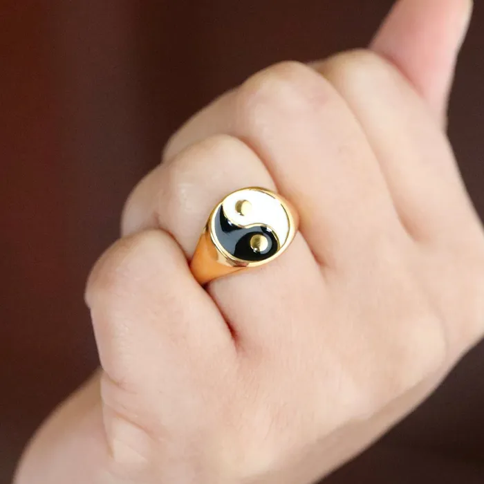 Rings 18K GoldFilled Black Enamel Yin and Yang Ring for Women Jewelvers