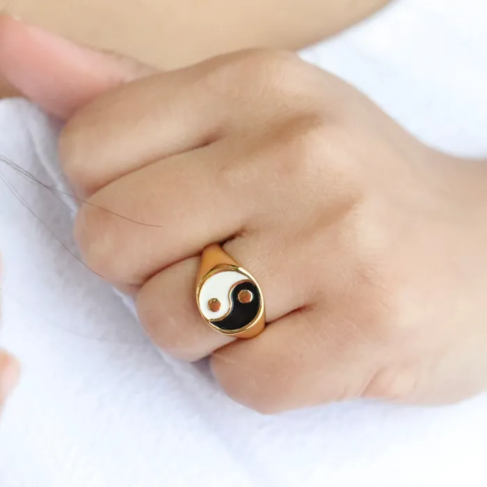 Rings 18K GoldFilled Black Enamel Yin and Yang Ring for Women Jewelvers