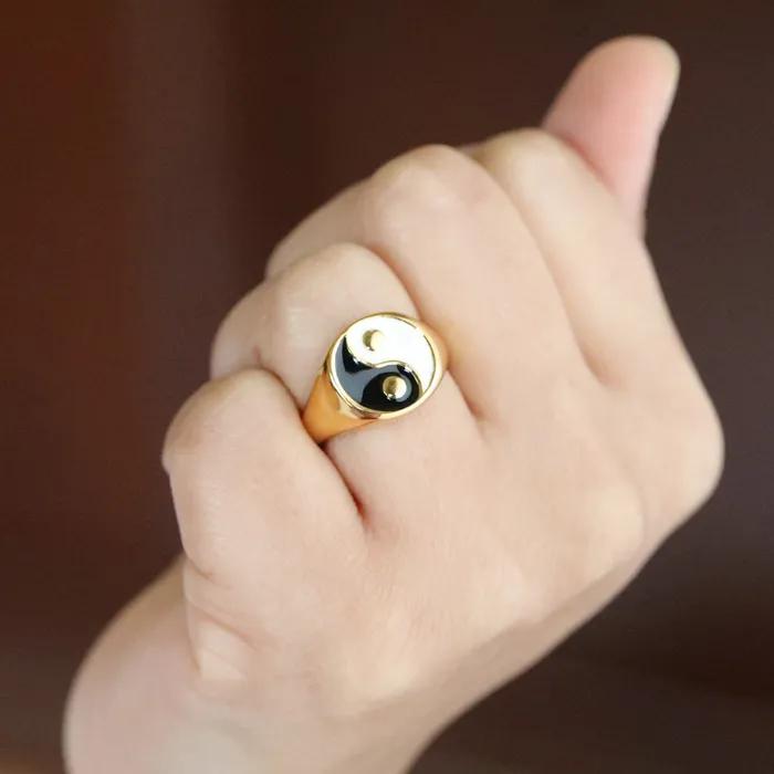 Rings 18K GoldFilled Black Enamel Yin and Yang Ring for Women Jewelvers