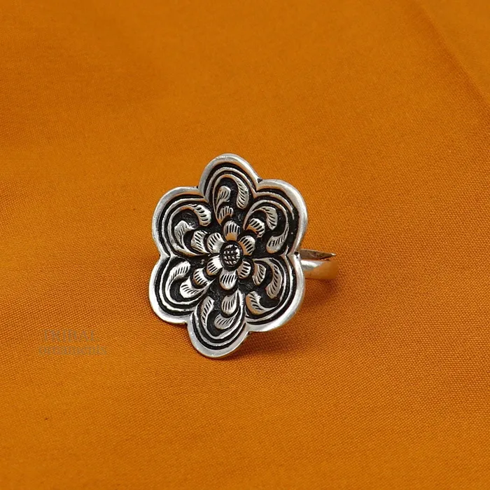 Rings 925 sterling silver handmade gorgeous flower shape adjustable ring band unisex stylish gifting chitai work tribal ethnic jewelry ring496 TRIBAL ORNAMENTS