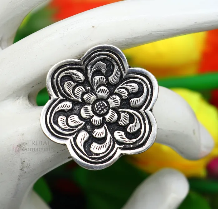 Rings 925 sterling silver handmade gorgeous flower shape adjustable ring band unisex stylish gifting chitai work tribal ethnic jewelry ring496 TRIBAL ORNAMENTS