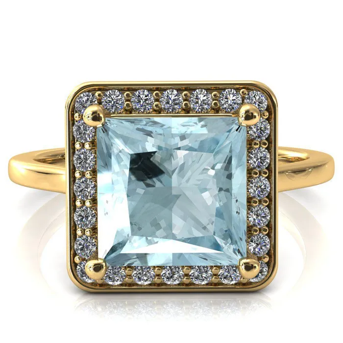 Rings Fire Brilliance Holly Princess Aqua Blue Spinel 4 Prong Pinpoint Floating Halo Scalloped Cathedral Ring