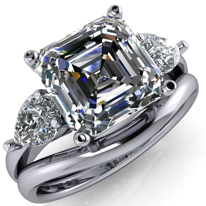 Rings Fire Brilliance Monteith Asscher Moissanite 4 Prong Pear Side Engagement Ring