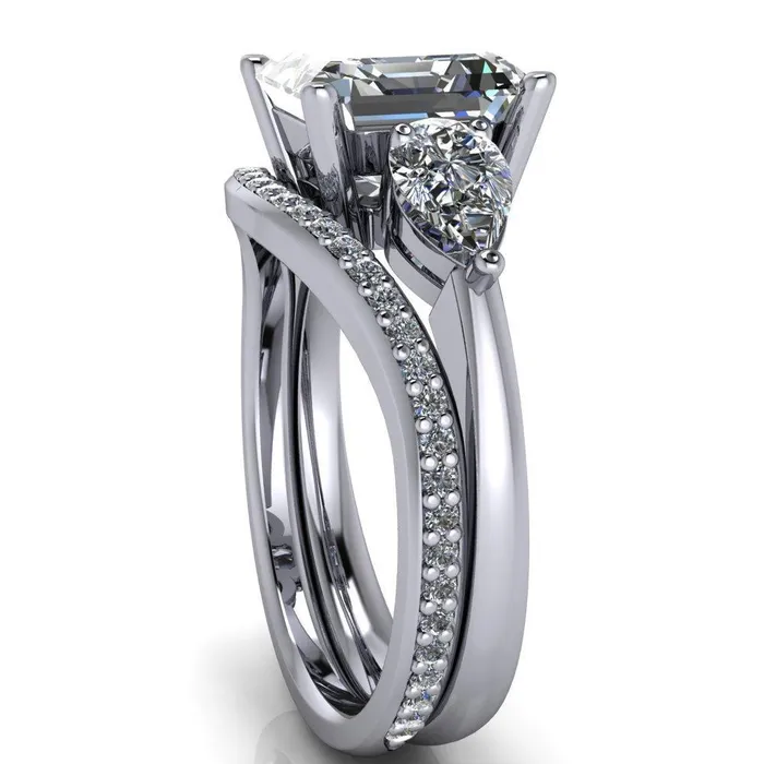 Rings Fire Brilliance Monteith Asscher Moissanite 4 Prong Pear Side Engagement Ring