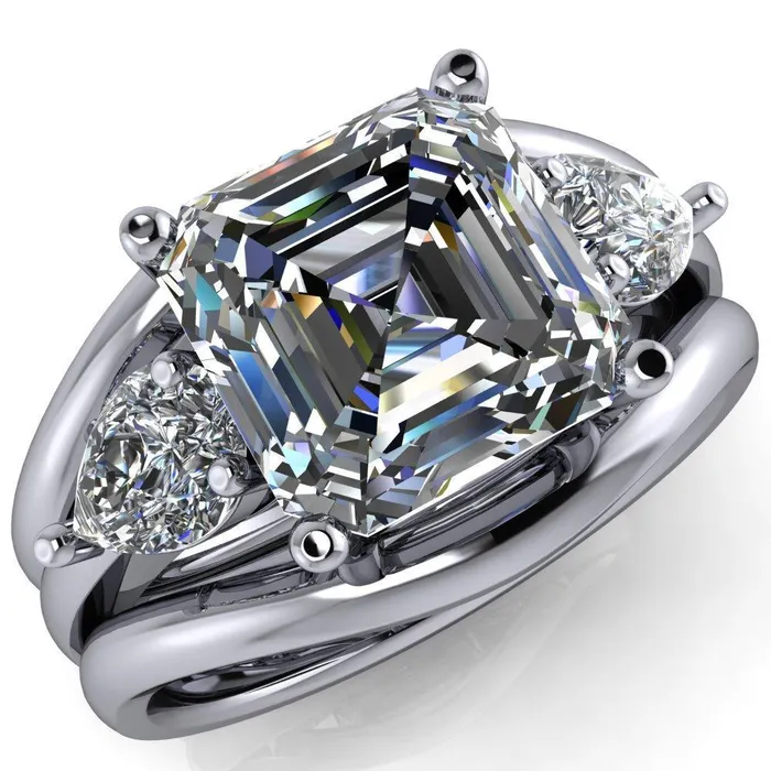 Rings Fire Brilliance Monteith Asscher Moissanite 4 Prong Pear Side Engagement Ring