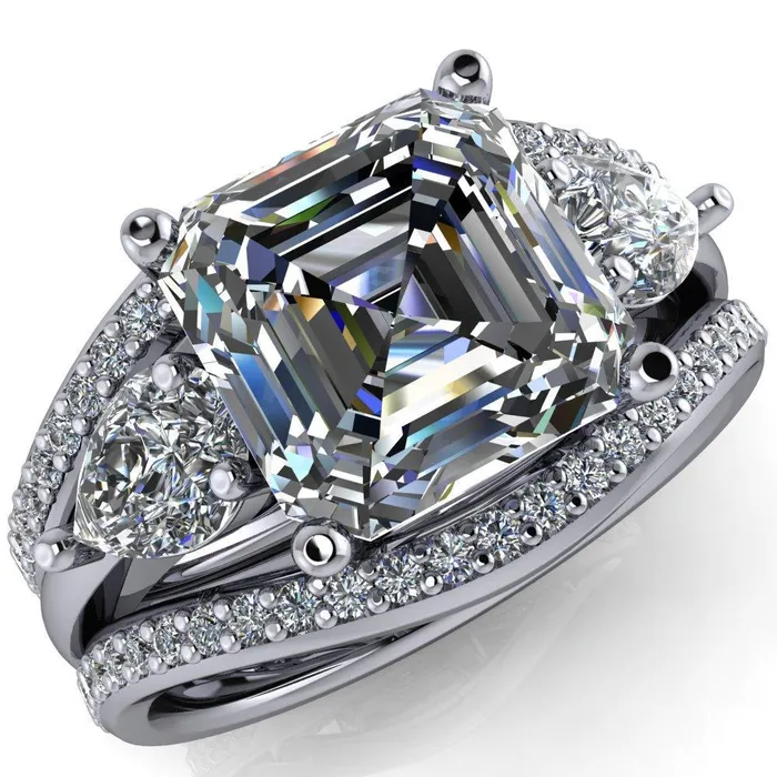 Rings Fire Brilliance Monteith Asscher Moissanite 4 Prong Pear Side Engagement Ring