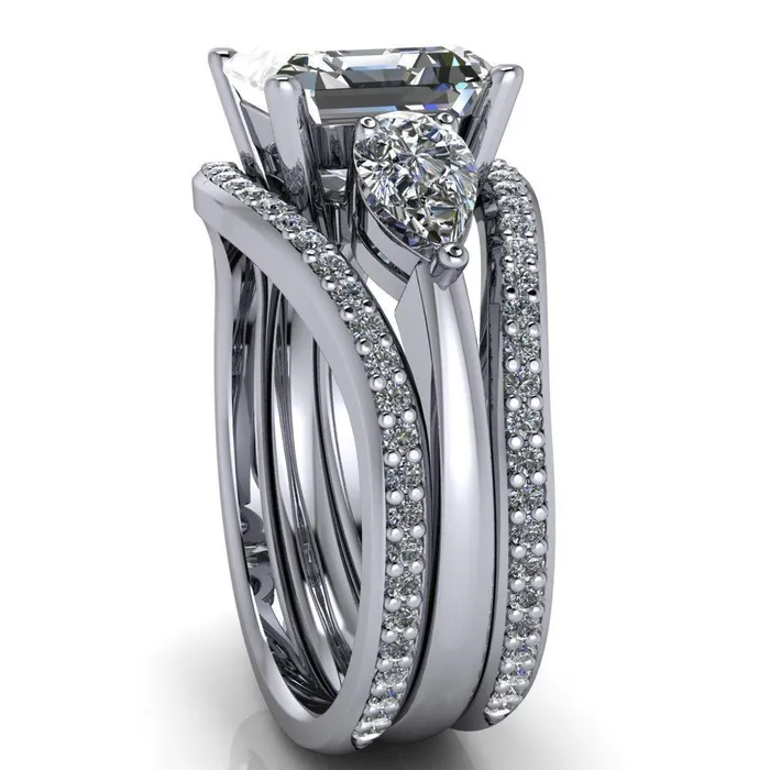 Rings Fire Brilliance Monteith Asscher Moissanite 4 Prong Pear Side Engagement Ring