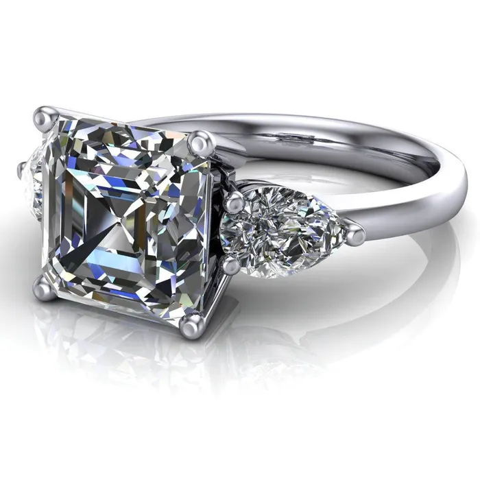 Rings Fire Brilliance Monteith Asscher Moissanite 4 Prong Pear Side Engagement Ring