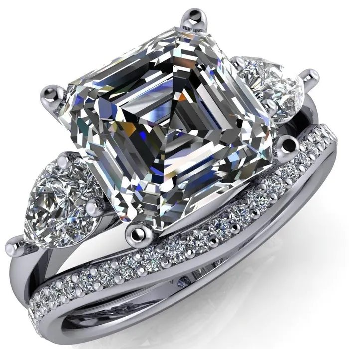 Rings Fire Brilliance Monteith Asscher Moissanite 4 Prong Pear Side Engagement Ring