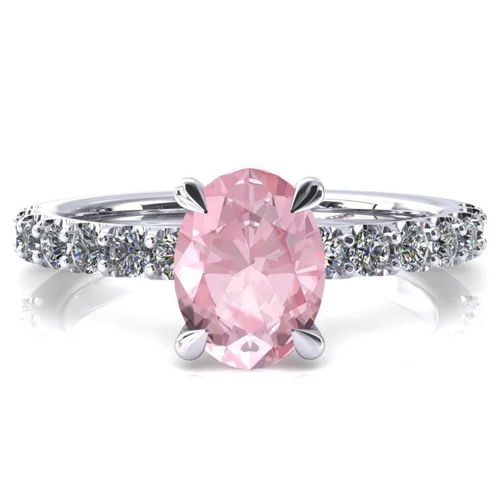 Rings Fire Brilliance Mylene Oval Pink Sapphire 4 Prong Sculptural Half Eternity Diamond Engagement Ring Rings Fire Brilliance Mylene Oval Pink Sapphire 4 Prong Sculptural Half Eternity Diamond Engagement Ring