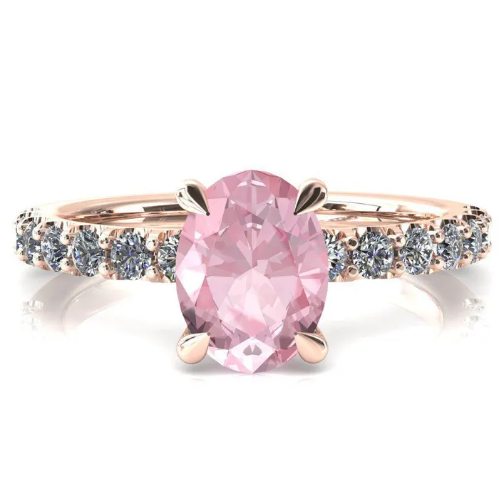 Rings Fire Brilliance Mylene Oval Pink Sapphire 4 Prong Sculptural Half Eternity Diamond Engagement Ring