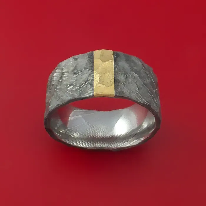 Rings Wide Hammered Damascus Steel Ring with 14k Yellow Gold Inlay Custom Made Band Lashbrook Rings Wide Hammered Damascus Steel Ring with 14k Yellow Gold Inlay Custom Made Band Lashbrook
