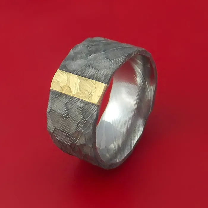 Rings Wide Hammered Damascus Steel Ring with 14k Yellow Gold Inlay Custom Made Band Lashbrook Rings Wide Hammered Damascus Steel Ring with 14k Yellow Gold Inlay Custom Made Band Lashbrook