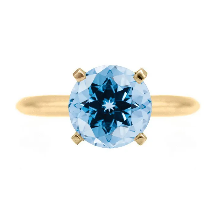 Round Aqua Blue Spinel 14K or 18K Yellow Gold 4 Prongs Solitaire Ring Fire Brilliance Rings